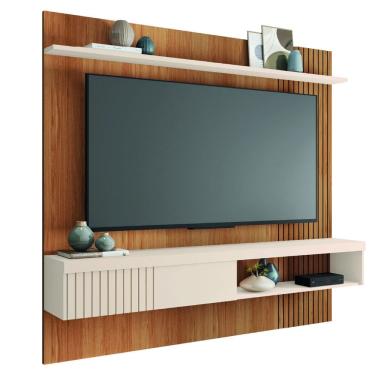 Imagem de Painel Ripado Para TV Até 65 Polegadas Com Prateleira e Nicho Manu Madeirado/Off White Caemmun