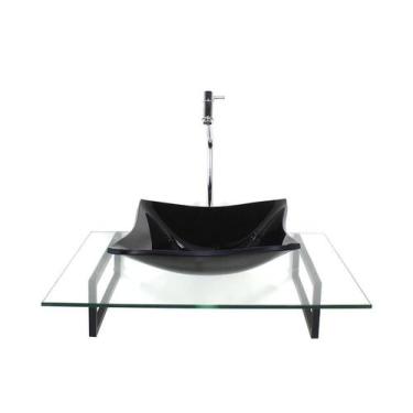 Imagem de Kit Cuba Vidro Quadrada Preta Tampo 60Cm Incolor E Suporte - Cubas E G