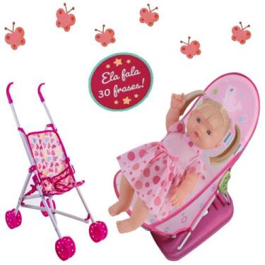 Imagem de Boneca Elisi Loira Baby Falas + Berço Ninar Rosa e Carrinho - Adijomar