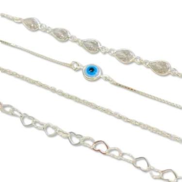 Imagem de 4 Pulseira 17cm Olho Grego Zirconia Coração Prata Lei 925 - Lojas La+N