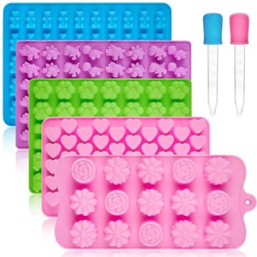 Imagem de CLUEWR Moldes de silicone para doces com 2 conta-gotas, 210 cavidades, formas reutilizáveis de chocolate, incluindo urso, dinossauro, coração, flor, pata, conjunto de 5