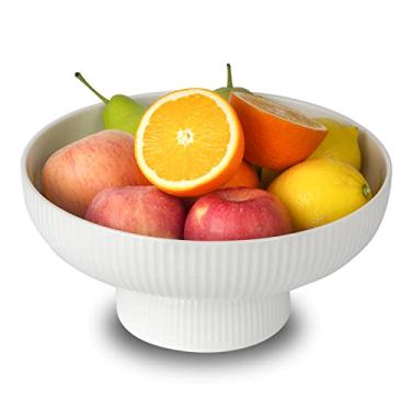 Imagem de Magclay Fruteira de cerâmica com orifícios de drenagem, cesta de frutas grande de 25,4 cm com pedestal removível multifuncional, tigela de frutas decorativa para bancada de mesa, suporte de frutas e legumes, branca