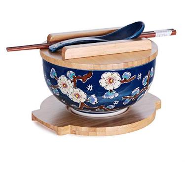 Imagem de Happy Sales HSKM-CHRYB8, japonês, Kamameshi, macarrão, arroz, macarrão, com tampa de bambu, pauzinhos e colher de porcelana, conjunto de colher de cerejeira