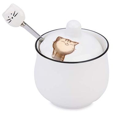 Imagem de Kitchenexus Pequeno açucareiro de cerâmica, açucareiro de porcelana com tampa e colher de aço inoxidável 240 ml com padrão de gato, adequado para café, cozinha e café da manhã em casa, melhor presente
