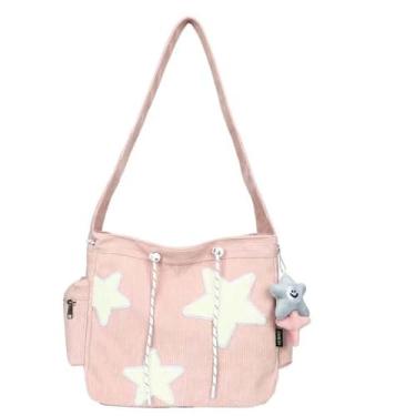 Imagem de Bolsa tiracolo de veludo cotelê para mulheres Y2k Aesthetic Star Patches Bolsa carteiro linda bolsa de ombro com pingente Kawaii, rosa, One Size