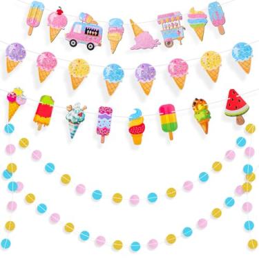 Imagem de Watersay Pacote com 4 decorações de sorvete, faixa de sorvete, placa de sorvete, guirlanda de sorvete para festa de aniversário de sorvete, chá de bebê, férias de verão, decoração de despedida de