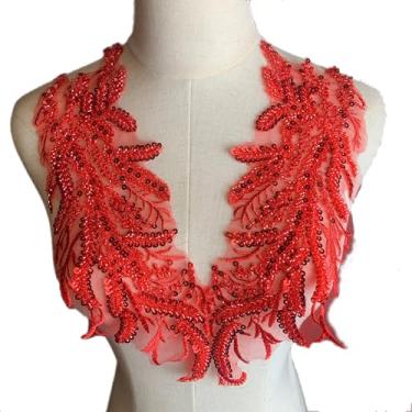Imagem de Heyiwell 1 par de apliques bordados de renda com lantejoulas vermelhas brilhantes para costurar em roupas, vestidos de casamento, enfeites de balé, 33 x 13 cm