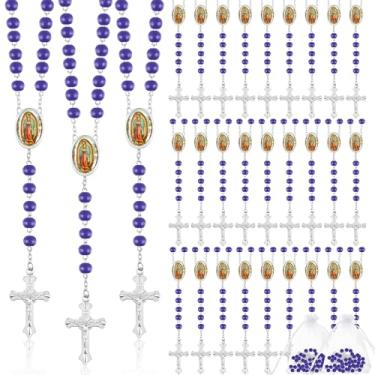 Imagem de 36 peças de colar de rosário de contas de madeira com crucifixo e rosário perfumado de primeira comunhão de Nossa Senhora de Guadalupe com 36 sacos de organza, lembrancinhas de batismo, presente católico para homens, mulheres, meninas, meninos (roxo)