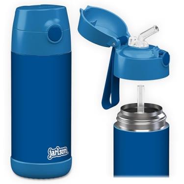 Imagem de Jarlson Charli Garrafa infantil de aço inoxidável com canudo – Frasco térmico de 350 ml – Testado TÜV – Livre de BPA – à prova de vazamento – Garrafa de água térmica para escola, berçário (azul)