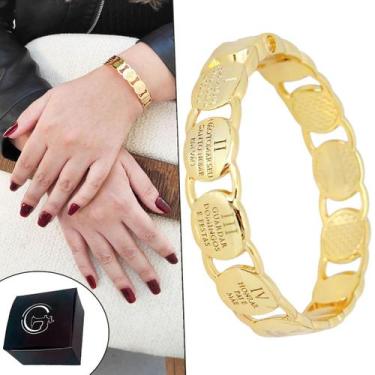 Imagem de Pulseira Feminina Bracelete 10 Mandamentos Semijoia Banhado a Ouro - G