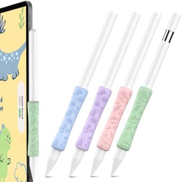Imagem de Pacote com 4 alças fofas de silicone para Apple Pencil 2nd/USB-C/Pro, capas antiderrapantes multicoloridas com design ergonômico (azul/roxo/rosa/verde)