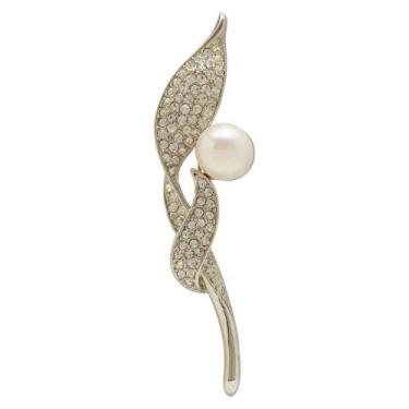 Imagem de Broche Strass e Pérola Folha BRG9873 - Akasaki, Prateado