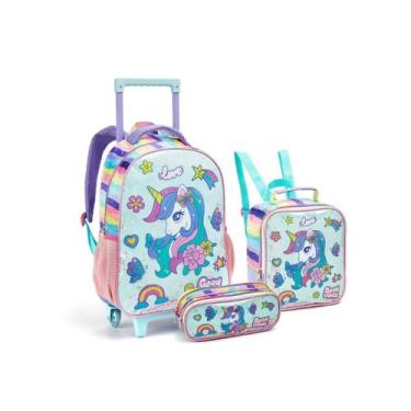 Imagem de Kit Mochila Rodinha Unicornio Confete Escolar Meninas - Seanite, Verde