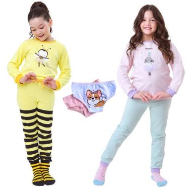 Imagem de Kit 2 Conjuntos Longo Malha Macia 2 Calcinhas Infantil Menina 1 a 10 a