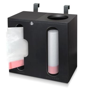 Imagem de Ymesiyou Distribuidor de sacola de compras e suporte para saco de lixo - suporte para saco plástico de bambu 2 em 1, suporte para sacola plástica de supermercado montado na parede para organ