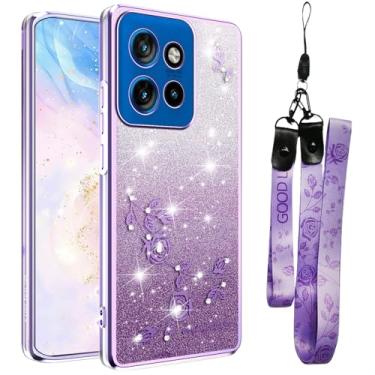 Imagem de Fofvccv Capa para Motorola Moto Edge 50 Neo 5G com glitter transparente com cordão transversal, flores brilhantes com revestimento floral com alça de ombro para Moto Edge 50 Neo/Moto S50 YSS roxo