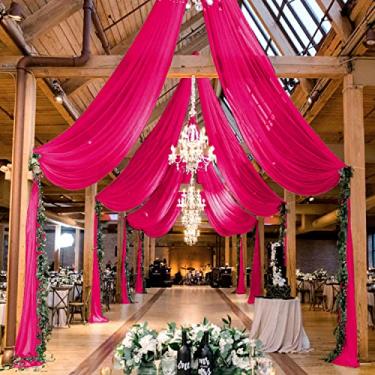 Imagem de MODFUNS Cortinas de teto rosa choque para casamentos 1,5 x 9 m 2 painéis de chiffon transparente tecido drapeado de teto fúcsia transparente cortina de tule para festa de casamento, palco, baile,
