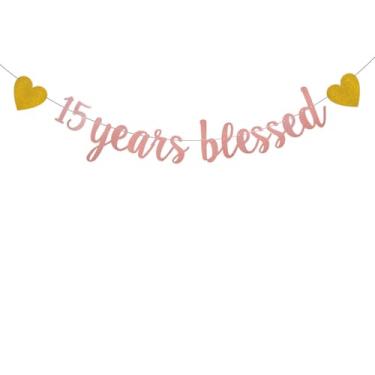 Imagem de Apita WEIANDBO 15 Years Blessed Faixa com glitter em ouro rosa, pré-amarrada, decorações de festa de aniversário de 15 anos/casamento, cenários de sinalização, 15 anos abençoados, ouro rosa