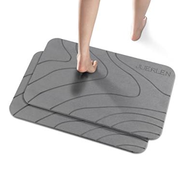 Imagem de JUERLEN Pacote com 2 tapetes de chuveiro de terra de diatomáceas, tapete de banho de pedra, tapete de banho rígido antiderrapante super absorvente de secagem rápida para piso de chuveiro de banheiro, 61 x 40 cm, design de onda cinza