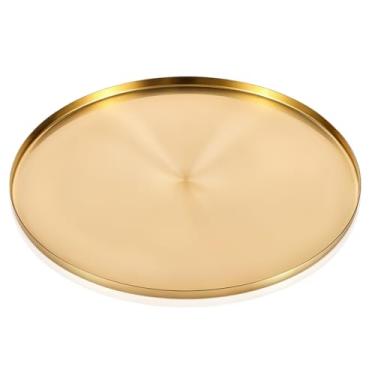 Imagem de Bandeja redonda dourada de aço inoxidável de 30,5 cm, bandeja decorativa dourada de latão para organizador de vaidade, mesa de café, pátio ao ar livre, sala de estar, perfume