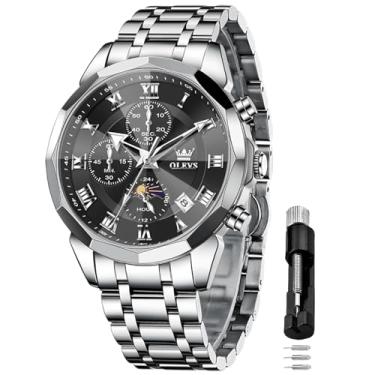 Imagem de OLEVS Relógio masculino cronógrafo de aço inoxidável com mostrador de data e fase da lua – Relógio de pulso de quartzo à prova d'água com mostrador grande de 43 mm, vestido luminoso, para homens,