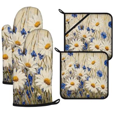 Imagem de Conjuntos de luvas de forno e suportes de panela de margarida, 4 peças, luvas de forno extralongas para cozinha, cozinhar, assar, churrasco, 100% algodão, resistente ao calor