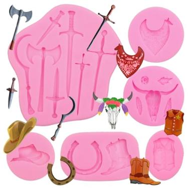 Imagem de Moldes de fondant de cabeça de touro, moldes de silicone de batalha de machado de espada, moldes de silicone de batalha de casco de ferradura, chapéu de caubói, chocolate para decoração de bolos, topo