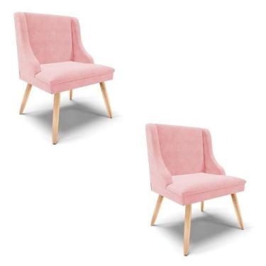 Imagem de Kit 02 Cadeiras De Jantar Liz Suede Rosa Bebê Pés Palito Natural - DRO