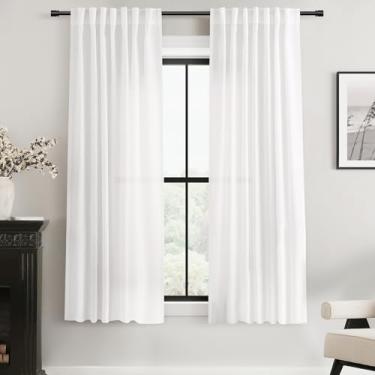 Imagem de Cortinas de linho branco 160 cm de comprimento, conjunto de 2 painéis para sala de estar, bolso traseiro, varão, semitransparente, filtro de luz, cortina de janela de quarto, 160 cm de comprimento,