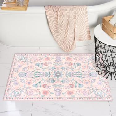 Imagem de Uphome Tapetes de banho para banheiro rosa floral tapete de banheiro macio lavável na máquina tapete de banheiro antiderrapante boho vintage medalhão tapete de banho para pia banheira, vaso sanitário