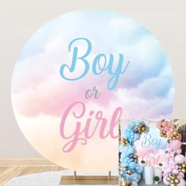 Imagem de Laeacco 2,3 x 2,3 m para meninos ou meninas, fundo redondo com nuvens azuis e rosa para fotografia, chá de bebê recém-nascido, revelação de gênero, surpresa, decoração de bolo, decoração de mesa,