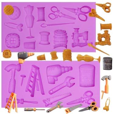 Imagem de Conjunto de moldes de silicone para costura e ferramentas, 2 tesouras, botões de escada, moldes de fondant, máquina de costura, formas de broca de martelo, moldes de chocolate para decoração de bolos