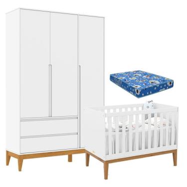 Imagem de Berço Americano Unique e Guarda Roupa 3 Portas Nature Clean Branco Soft Eco Wood e Colchão Ortobom – Matic