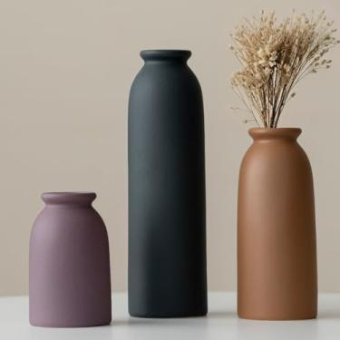 Imagem de Conjunto de vasos de cerâmica decorativos de 26,4 cm de altura, 3 peças, estilo boho moderno nórdico, branco, para decoração de casa (mistura preta)
