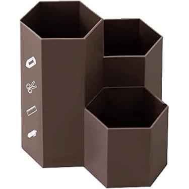 Imagem de Porta-lápis de mesa hexagonal, balde de pincel de maquiagem multifuncional durável, suporte de lápis criativo de grande capacidade para escritório, casa, papelaria (marrom)