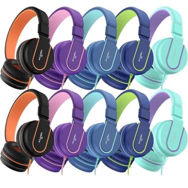 Imagem de AILIHEN Fones de ouvido infantis a granel, pacote com 10 para sala de aula escolar K-12, fone de ouvido com fio com microfone para estudantes, crianças com volume limitado de 93 dB, conector de 3,5 mm