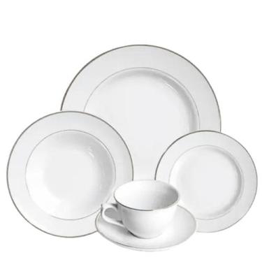 Imagem de Aparelho de Jantar e Chá 20pçs Porcelana Branca Filete Prata Estaleiro
