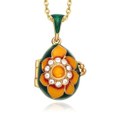 Imagem de EGGLEGANT Colar com pingente de ovo esmaltado de girassol de Páscoa, medalhão de coração, vermelho, azul, verde, Regular, Latão, Cristal