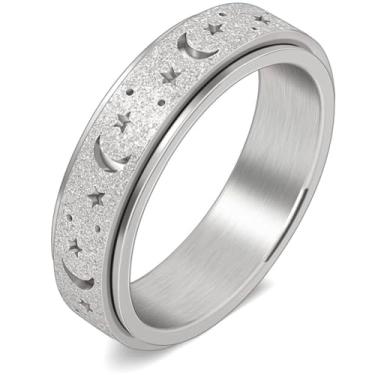 Imagem de DURSI Anel giratório feminino com lua e estrela, para ansiedade, aço inoxidável, brinquedo giratório (prata, tamanho 7), Aço inoxidável, Sem pedra preciosa