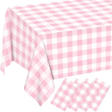 Imagem de 4 peças de toalha de mesa xadrez rosa guingão descartável de plástico para festas, à prova d'água, retangular, rosa e branca, para acampamento, aniversário, festa, piquenique, 147 × 272 cm