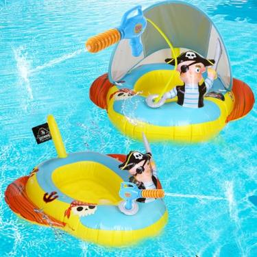 Imagem de FathiSooc 2X Boias Infláveis Espessas Para Crianças Com Cobertura Removível Fps 50+, Boias De Navio Pirata Com Capitão E Pistola D'Água, Brinquedos De Piscina Para Meninos E Meninas, Crianças Pequen