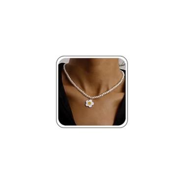 Imagem de Erimberate Colar gargantilha de pérola de girassol boêmio, colar com pingente de flor esmaltada, colar de pétala floral, colar redondo, corrente de pérola, joias para mulheres, Zinco, Sem Pedra