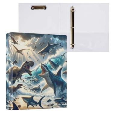 Imagem de Fichário de 3 anéis The Struggle Between Dinosaurs and Sharks, fichário redondo de 3 cm, 200 folhas, fichário de papel A4, organizador de fichário para casa, escola, escritório, 1 pacote