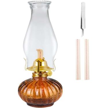 Imagem de swsce Grande Lamparina A Óleo Para Uso Interno, Querosene Rústico Com 2 Pavios E 1 Pinça, Lanterna De Vidro Furacão, Iluminação Emergência Residencial (Marrom)