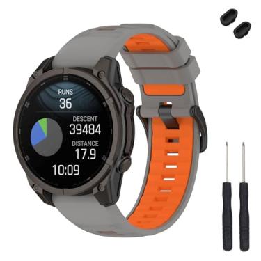 Imagem de TopPerfekt Pulseira de relógio de silicone macio de 26 mm compatível com Garmin Fenix 8 de 51 mm, para relógio inteligente Instinct 3 de 50 mm/Tactix 8 de 51 mm/Descent Mk1/Mk2 (cinza - laranja)