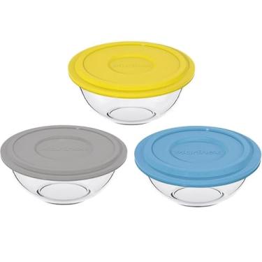 Imagem de Kit 3 Potes De Vidro Redondos Plus Marinex 1,5L Com Tampas De Cores Sortidas Tigelas Bowl