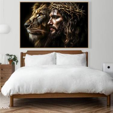 Imagem de Quadro Decorativo Leão de Judá & Jesus Cristo - MeMoldura, Amadeirado 