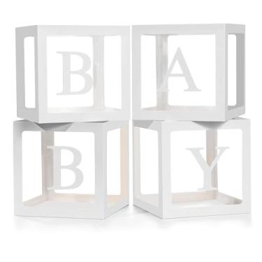 Imagem de Lovelite Caixas de bebê com letras para chá de bebê, 4 caixas de balão transparentes com 2 conjuntos de letras de bebê para decoração de revelação de gênero meninos meninas aniversário festa de