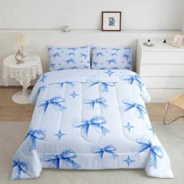 Imagem de Feelyou Jogo de cama casal com laço, edredom com laço, para meninos, meninas, adolescentes, azul, círculo, decoração de quarto kawaii