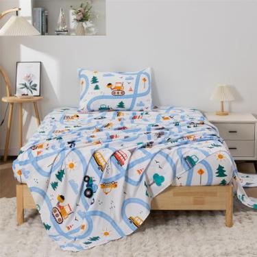 Imagem de URLINENS Jogo de lençol infantil solteiro, 3 peças, divertido, carro, meninos, microfibra macia, com desenho de veículo, sem rugas, aconchegante, lençol de solteiro, leve, fácil de lavar